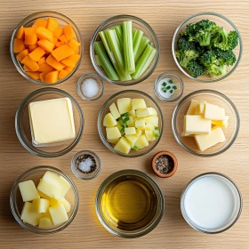 Step-by-step preparation of Creamy Broccoli Potato Cheese Soup showing ingredients and initial cooking steps