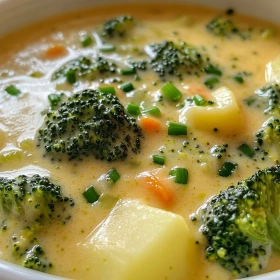 Close-up of Creamy Broccoli Potato Cheese Soup showing texture, layers, and glossy finish