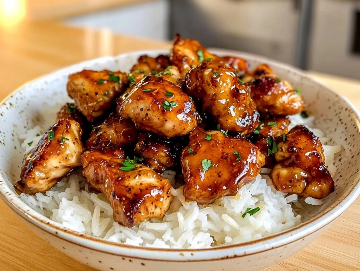 Perfectly cooked Sticky Honey Garlic Chicken Bites served and ready to eat - final result