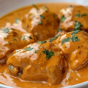 Close-up of Creamy Homemade Butter Chicken showing texture, layers, and glossy finish