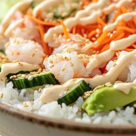 Close-up of Healthy California Roll Sushi Bowl showing texture, layers, and glossy finish