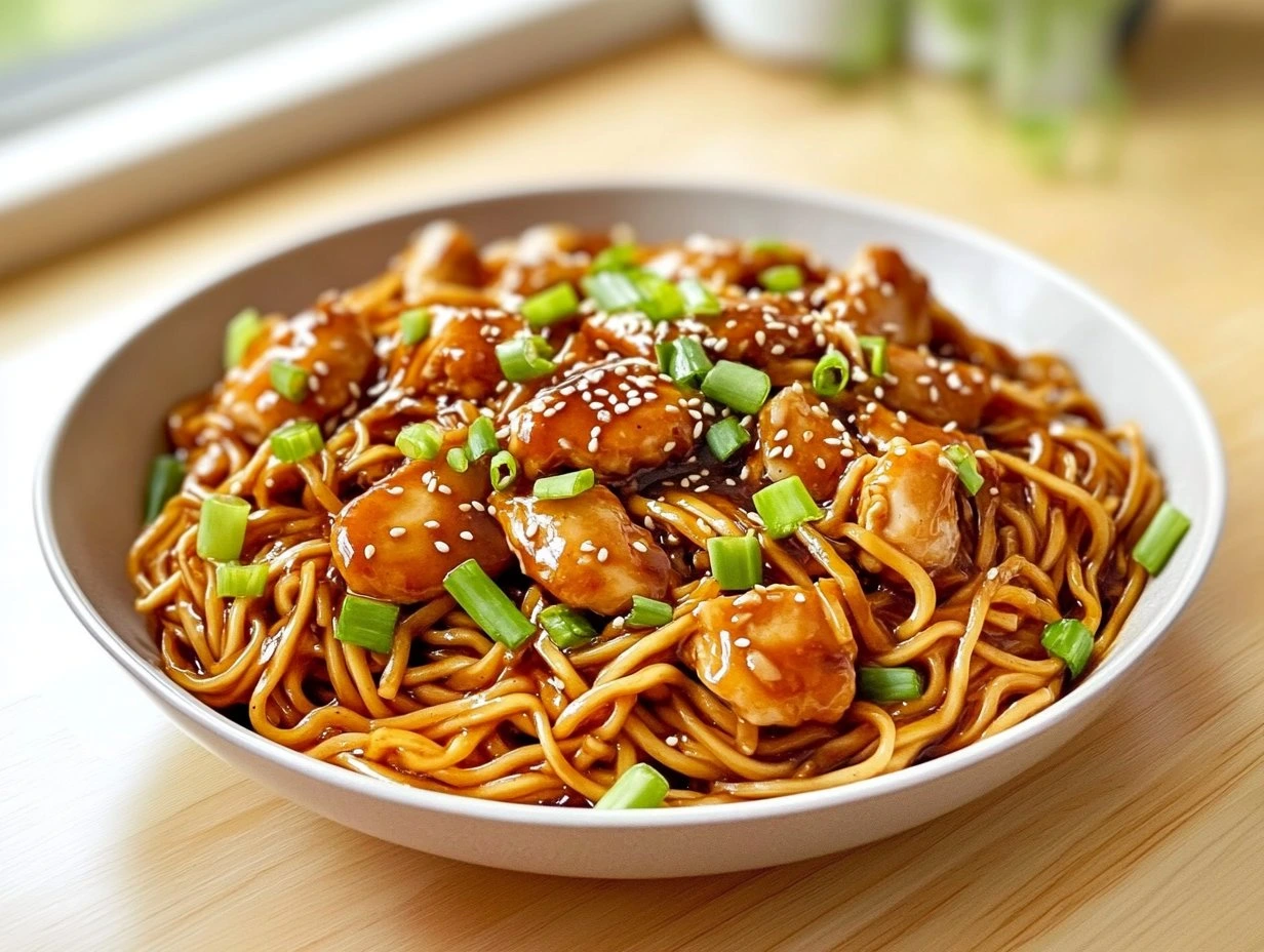 Perfectly cooked Sticky Garlic Chicken Noodles served and ready to eat - final result