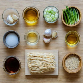 Step-by-step preparation of Sticky Garlic Chicken Noodles showing ingredients and initial cooking steps