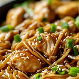 Close-up of Sticky Garlic Chicken Noodles showing texture, layers, and glossy finish