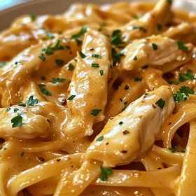 Close-up of Cowboy Butter Chicken Linguine showing texture, layers, and glossy finish