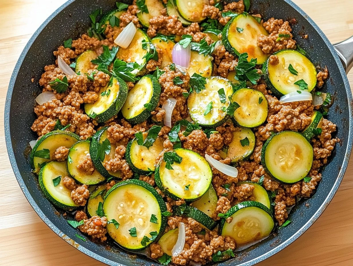 Perfectly cooked Savory Ground Turkey Zucchini Skillet served and ready to eat - final result