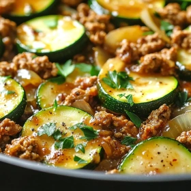 Close-up of Savory Ground Turkey Zucchini Skillet showing texture, layers, and glossy finish